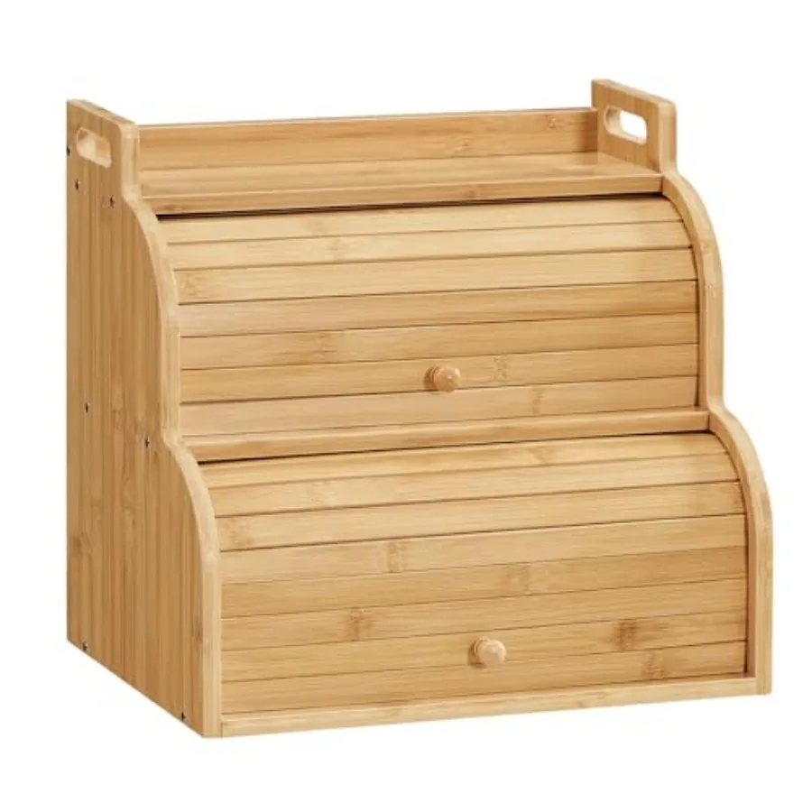 

Bread Box Bamboo Bread Box for Kitchen Countertop 2-Tier Roll-Top Bread Bin Food Storage Box Bamboo Storage Cabinet with Handle