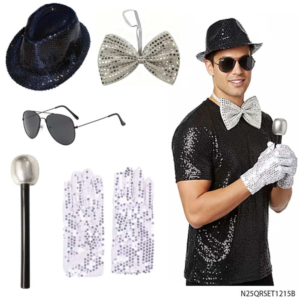 

PESENAR 90s Retro Disco Performance Costume Set Sequin Fedora Hat Bowtie Microphone Gloves Sunglasses Party Accessory