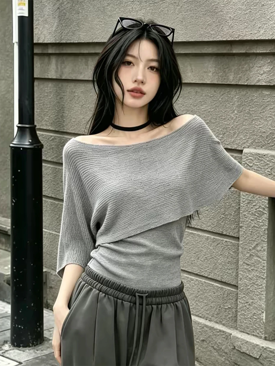 

Casual Loose Knitted Cowl Neck Shoulder Baring Top Summer New Style Lightweight Asymmetrical Coat Scarf Polyester Fiber