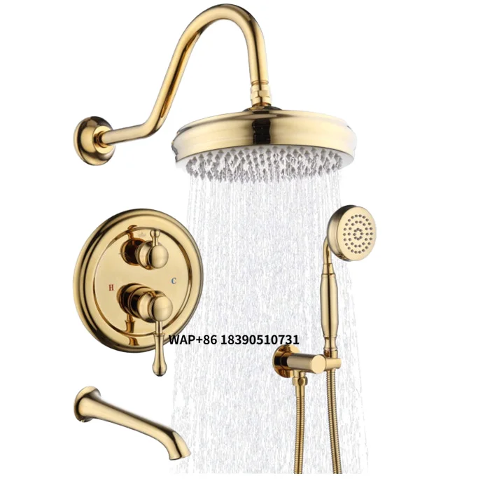 Modern Wall Mounted Rainfall Shower Mixer Combo Set Brushed Gold Bathroom Faucet Accessory Brass Material