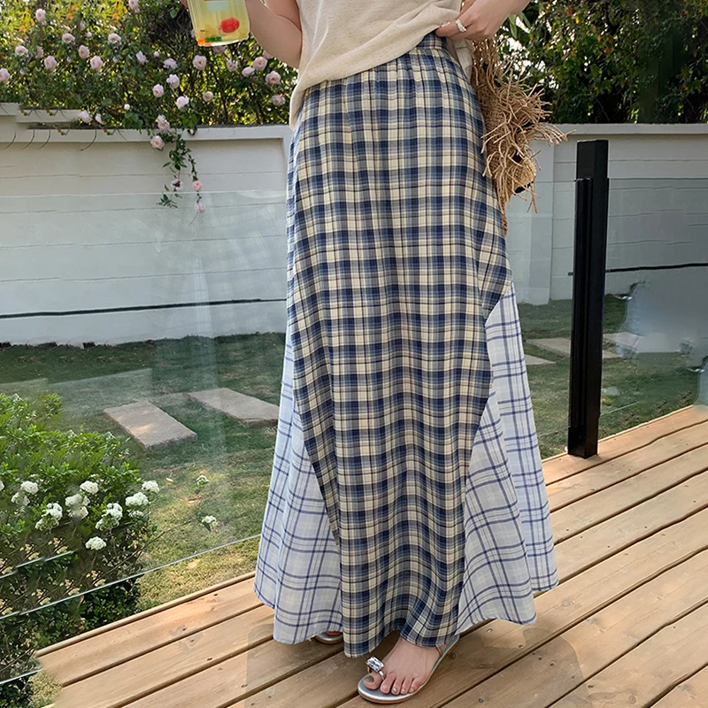 Élégant bleu Plaid femmes jupes longues été élégant choc couleur épissé drapé Faldas décontracté tout-Match taille haute a-ligne jupes