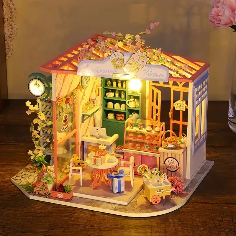 DIY Wooden Tea Room Dessert Shop Cottage Miniature Dollhouse 3D Puzzle Assembly Model Kit for Adults Birthday Gift Home Decor