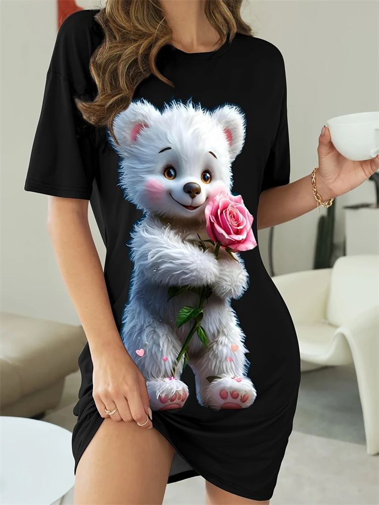 Summer Women's Floral-Print Nightgown with Little Bear Design—Playful Cute and Breathable Casual Dress for Home Wear