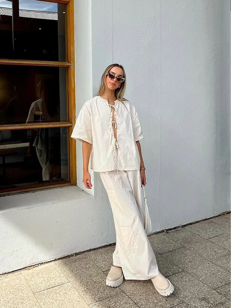 

Women's Pant Set 2025 New Fashion Ladies Lace Up Hollow Shirt Wide Leg Pants 2 Pieces Set Summer Casual Trousers Suits For Women