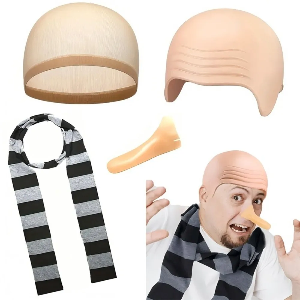 Kits de disfraz de Halloween para adulto, bufanda a rayas negra y gris, nariz falsa, accesorios de disfraz de Halloween, gorro calvo, 4 Uds.