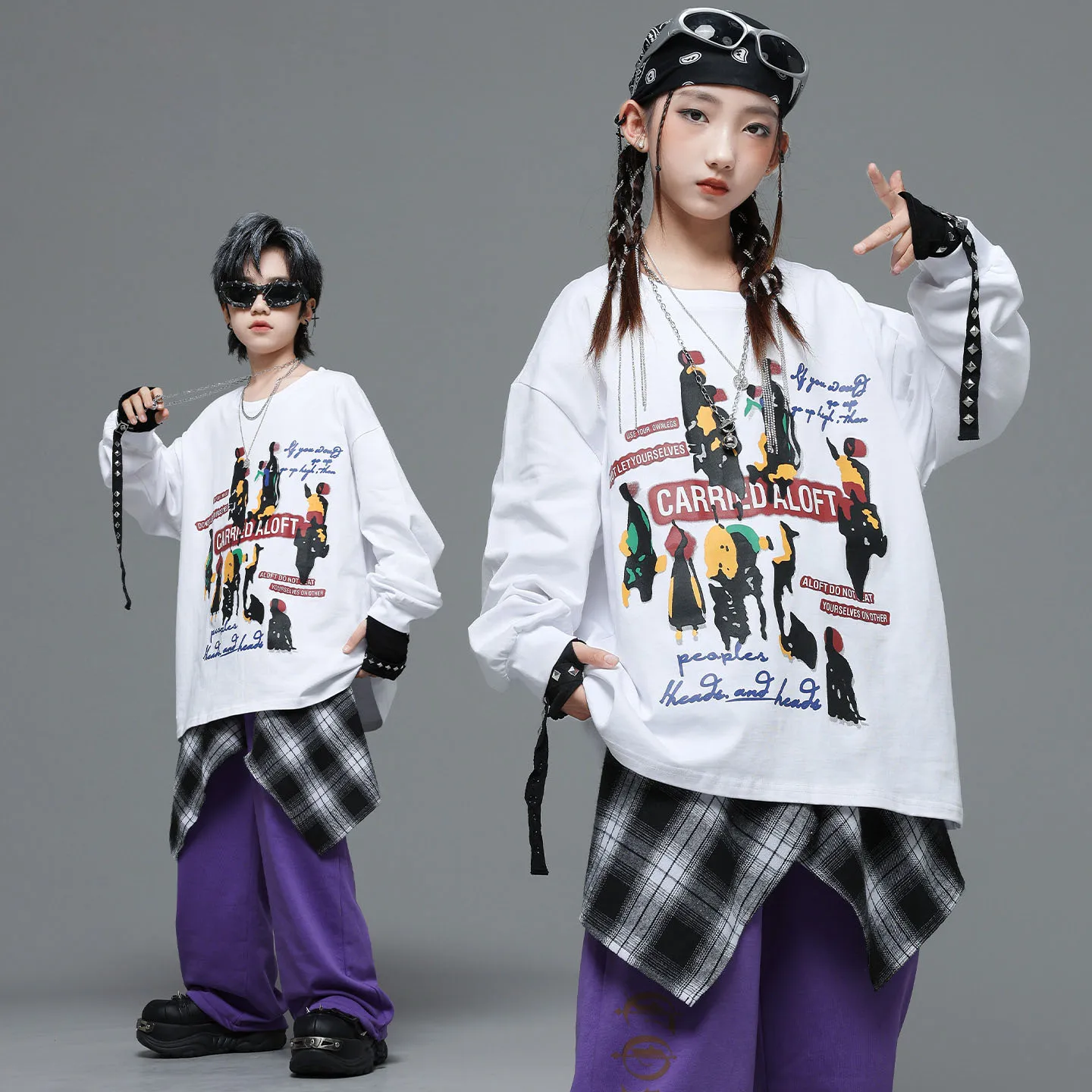 キッズK-POPヒップホップ服、白プリントスウェットシャツトップ、紫カジュアルスウェットパンツ、女の子男の子ストリートダンスウェアコスチューム服