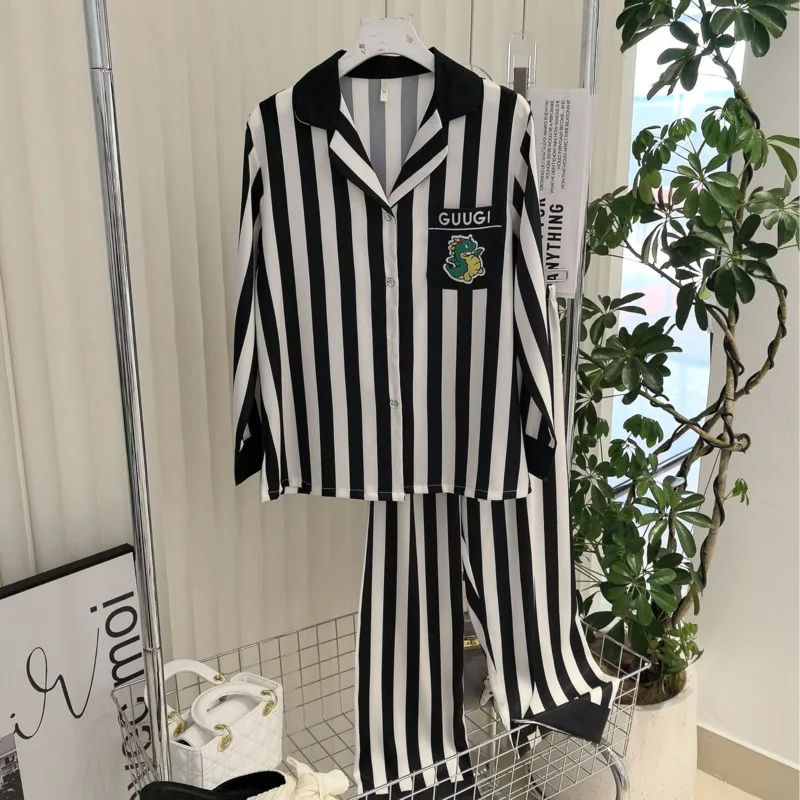 

Осень-зима 2025 г., модные полосатые пижамы, женские свободные брюки из ледяного шелка с длинными рукавами, комплект из двух предметов, повседневная ночная рубашка, ночная рубашка, домашняя одежда