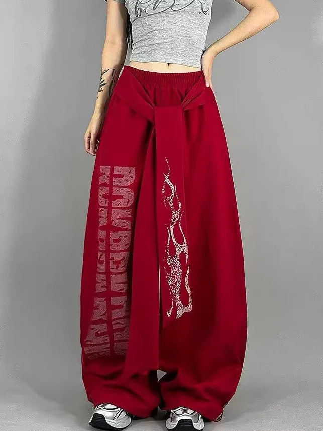 

plus Size American Style Street Letter Flame Sash Wide Leg Jazz Dance Pants Women Spring Autumn High Waist Polyester Fiber