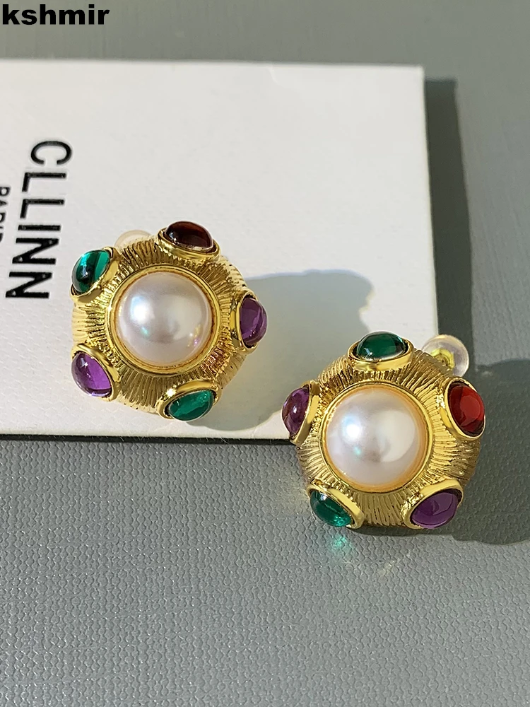 kshmir Metallic hollowed-out pearl earrings for women colored gemstone round stud new vintage round ball earrings