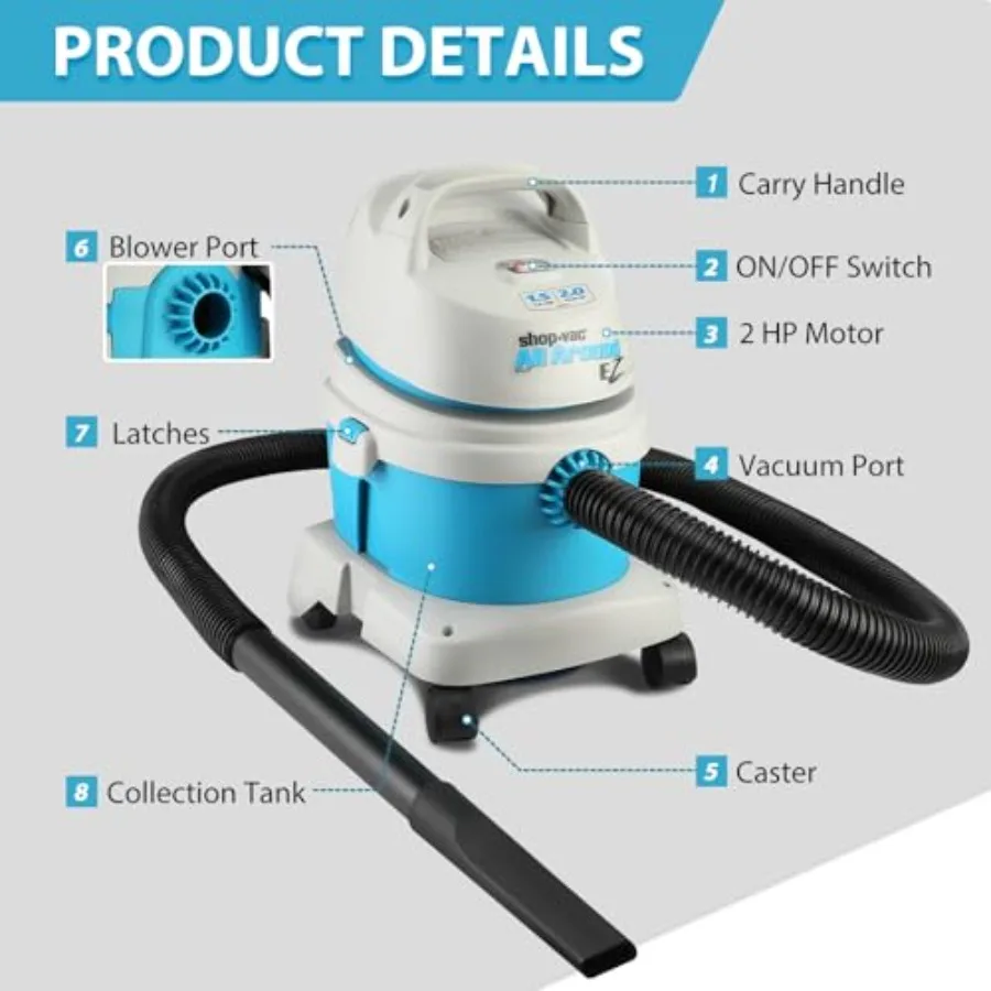 Aspirateur sec/humide HP tout autour EZ, 1.5 gallons, 2.0 Peak, aspirateur d'atelier Compact Portable avec support mural et fixation multifonctionnelle