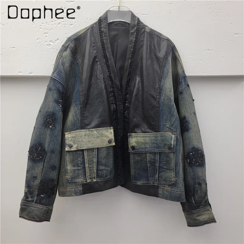 

2025 Autumn New V-Neck PU Leather Patchwork Denim Jacket for Women High-End Loose Casual Personality Street Retro Printed Jacket