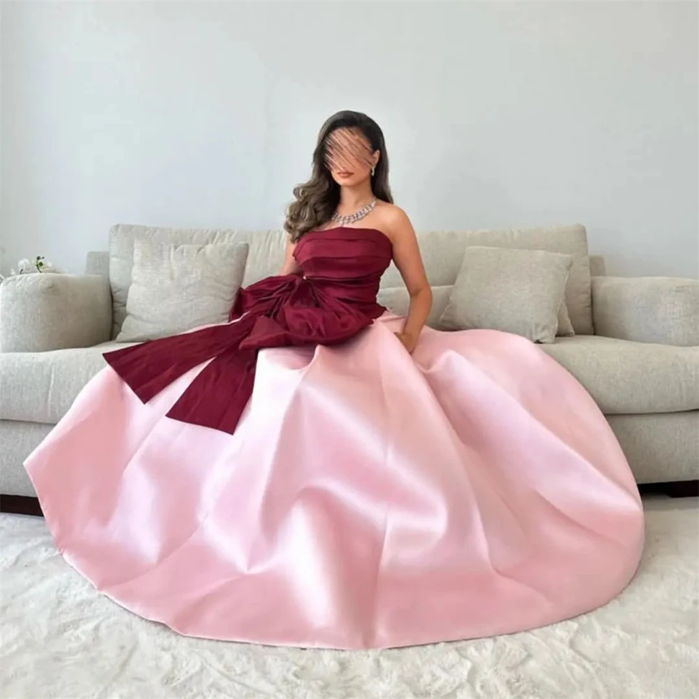 Customized Strapless Neck Bow Ruffle A Line Satin Formal Occasion Evening Gown Kaaba Eid  Evening Dress