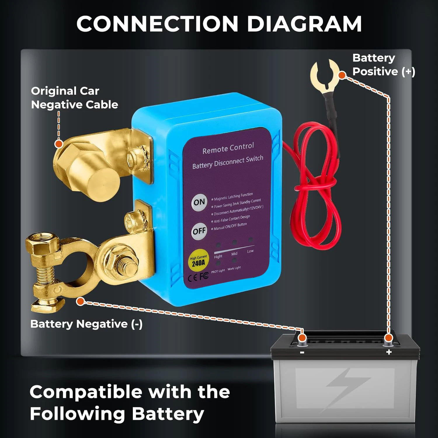12V 240A Battery Kill Switch for Car Remote Battery Disconnect Switch Anti Theft Automatic Cut/Shut Off Battery Switch for RV