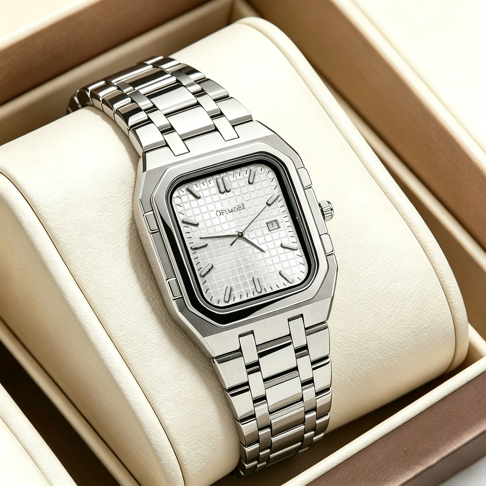Minimalist Square Men's Quartz Watch Premium Waffle Grid Dial Date Window Stainless Steel Band Waterproof Casual Wristwatch