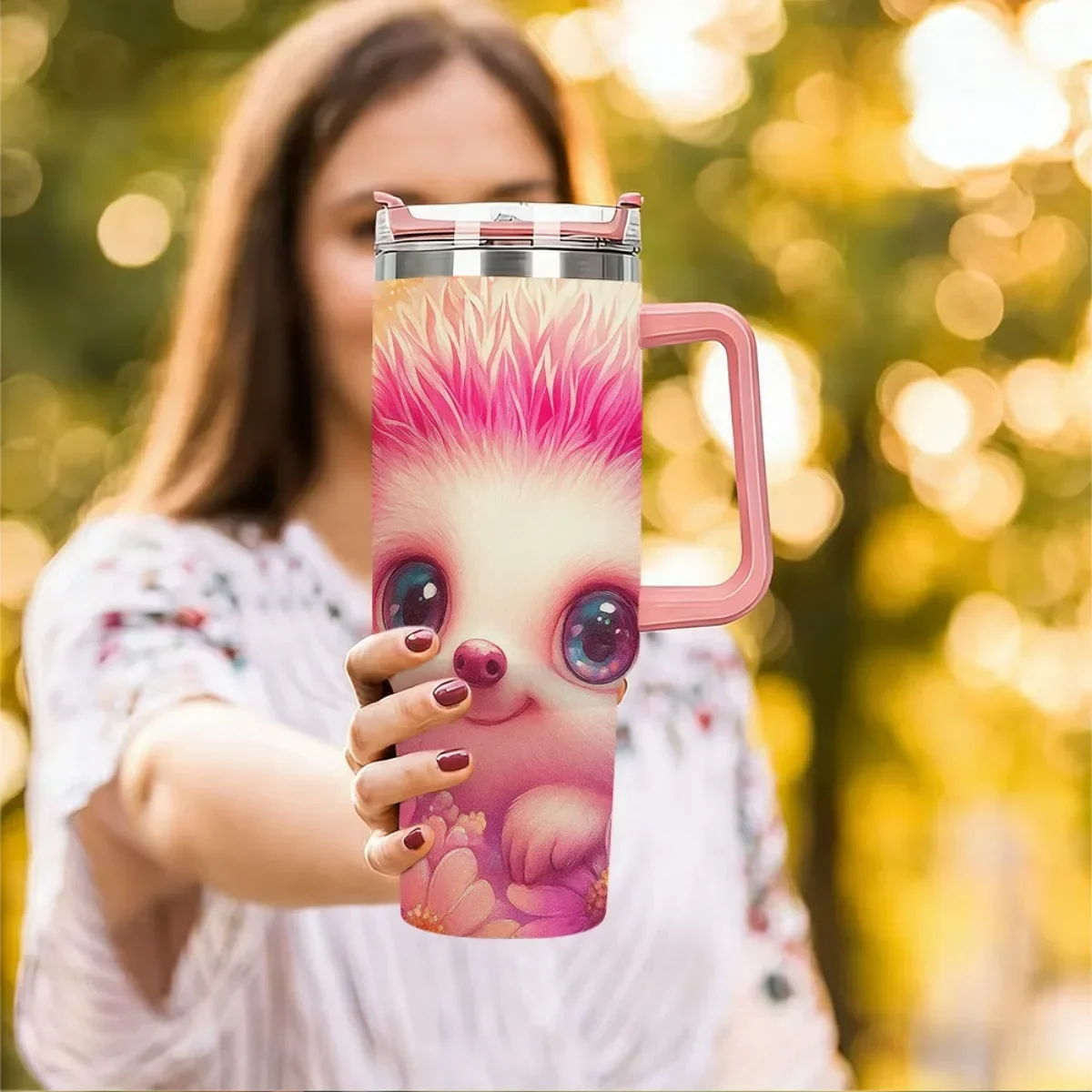 1pc 40Oz Adorable Hedgehog Floral Vacuum Cup Mug - Vacuum-Sealed Stainless Steel Water Bottle Featuring Straw & Handle, Leakproof Flip Top - Maintains Beverage Temperature for Hours in Pastel Pink, Blue, Purple, Yellow, And Orange view 4