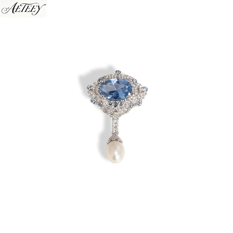 AETEEY S925 Sterling Silver Gold Plated Water Drop Blue Spinel Brooch High Grade Versatile Ladies Corsage Pin