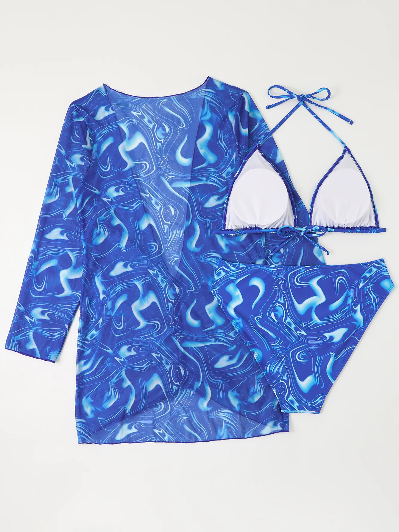 2025 Print 3 Piece Long Sleeve Smock Plus Size Push Up Bikini Women High Waist Big Swimsuit Beach Chubby Bathing Suit