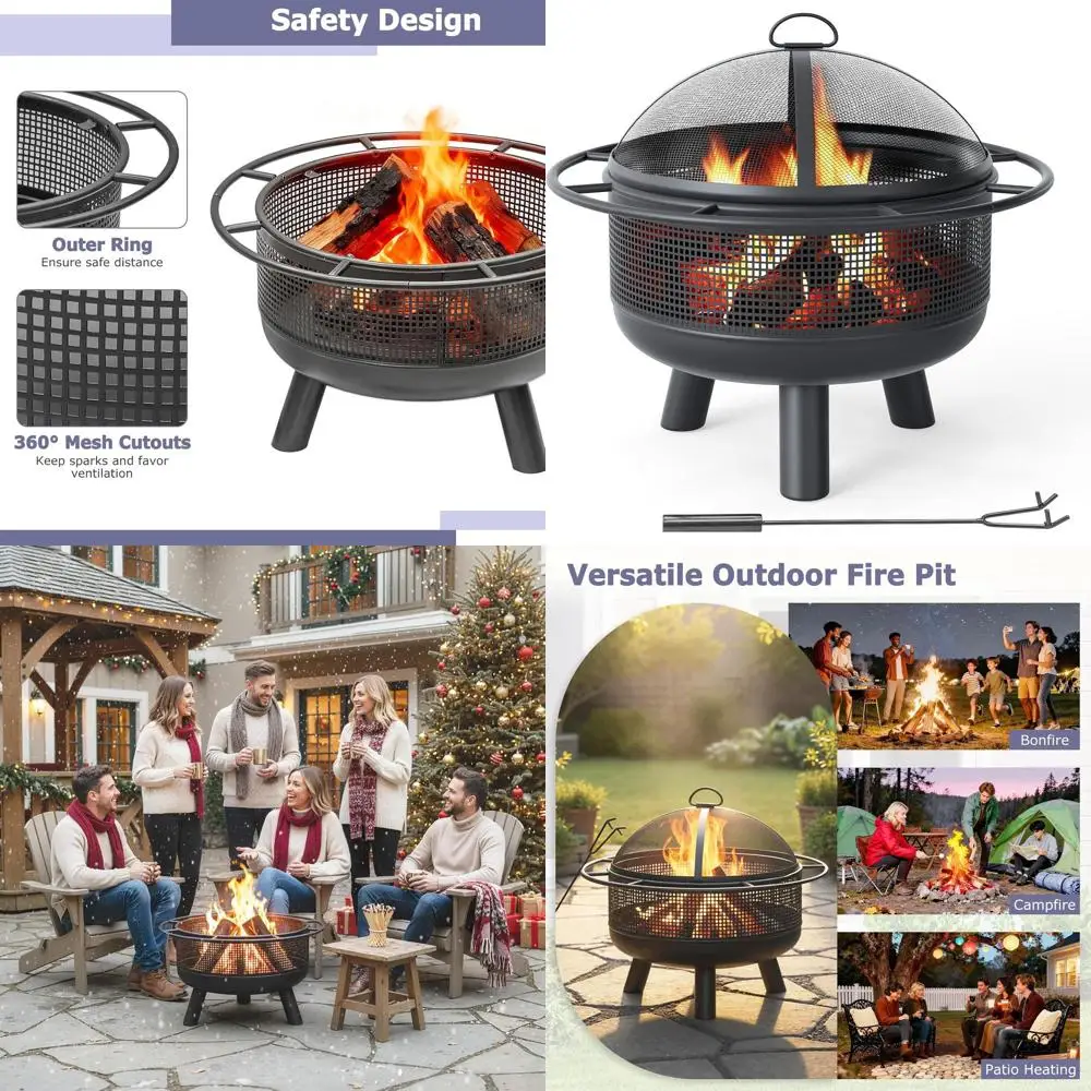 

24 Inch Durable Metal Fire Bowl with Spark Screen, Poker, and Log Grate for Outdoor and Camping Use