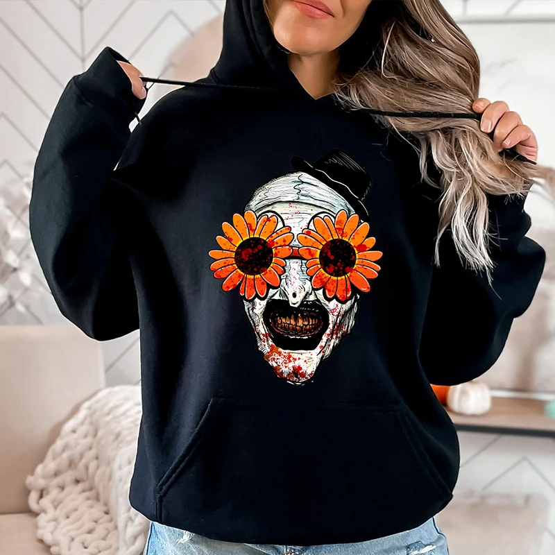 The Clown Sunflower Sunglasses Halloween Print Women\'s Autumn and Winter Hoodies Plus Velvet Sweater Loose Tops