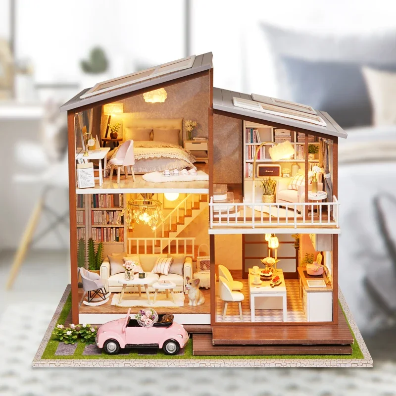 Large Slow Time DIY Wooden Doll House Assembled Model with LED Lights Music Adult Birthday Gift