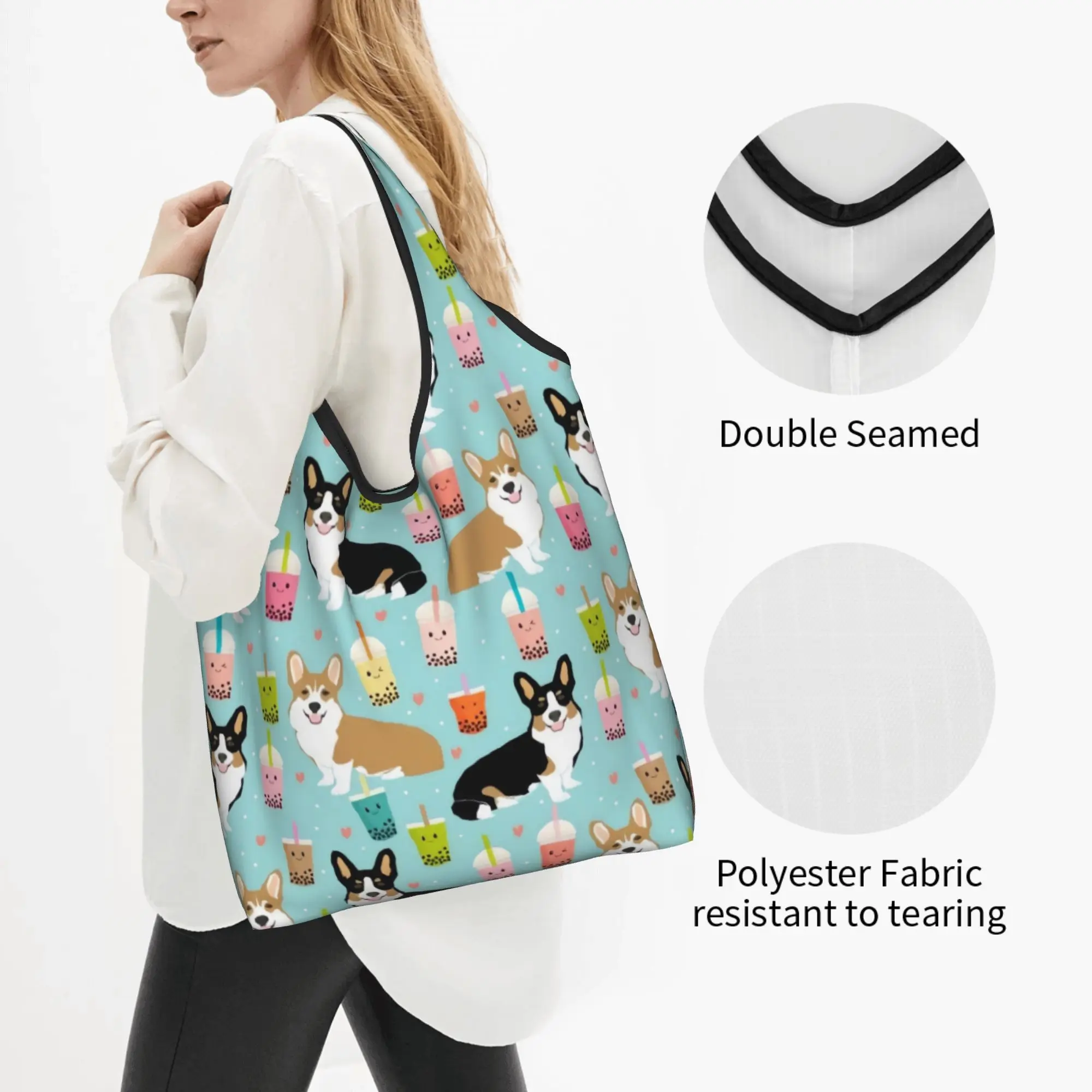 Kawaii Welsh Corgi Bubble Tea Dog Shopping Tote Bags Portable  Grocery Shoulder Shopper Bag