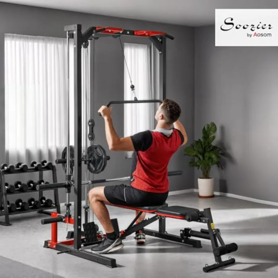 Power Cage Smith Machine Multi-Function Power Rack with Pull Up Bar LAT Pull Down System and Squat Rack Barbell Bar Plate Stora