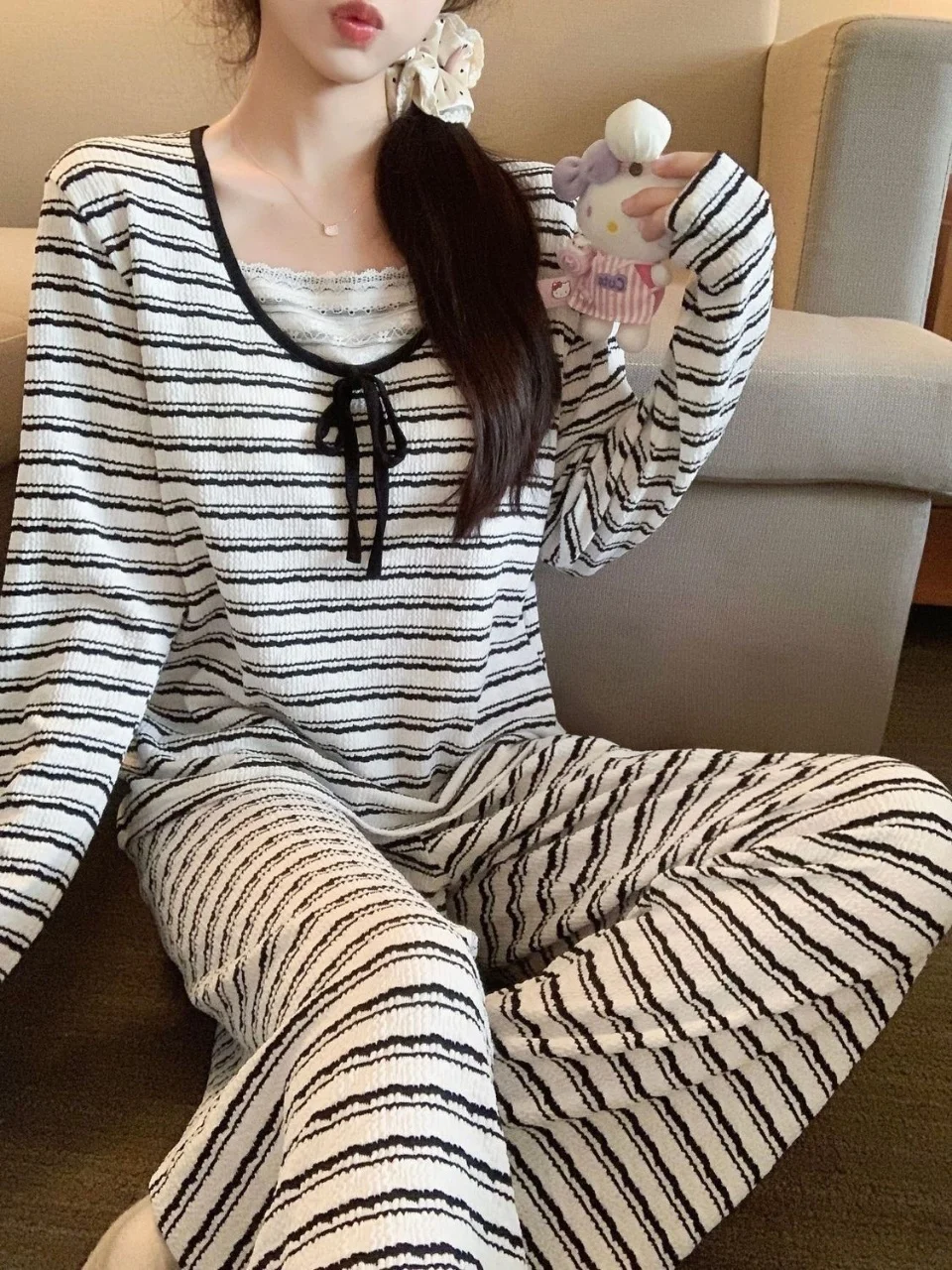 Y2K Harajuku style spicy girl blue stripe with chest cushion pajama set autumn/winter home wear women's long sleeved pants set