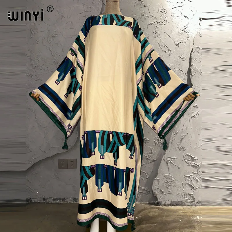 

WINYI new summer Runway Designer Elegant holiday party Dress Women Long Sleeve fashion Print Middle East Female loose kaftan