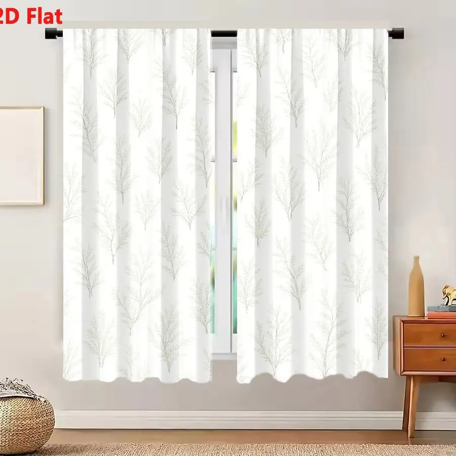 2Pcs Curtains 2D Flat Minimalist Light Gray Pale Beige Leafy Branches Pattern Wallpaper Fabric Design Window Drapes for Bedroom