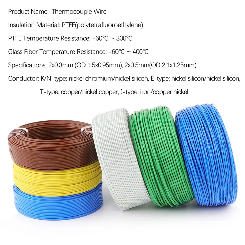 5/10/100m 2 Cores K-J-T-N-S Type Thermocouple Wire High Temperature PTFE Insulated Electronic Line Measuring Compensation Cable