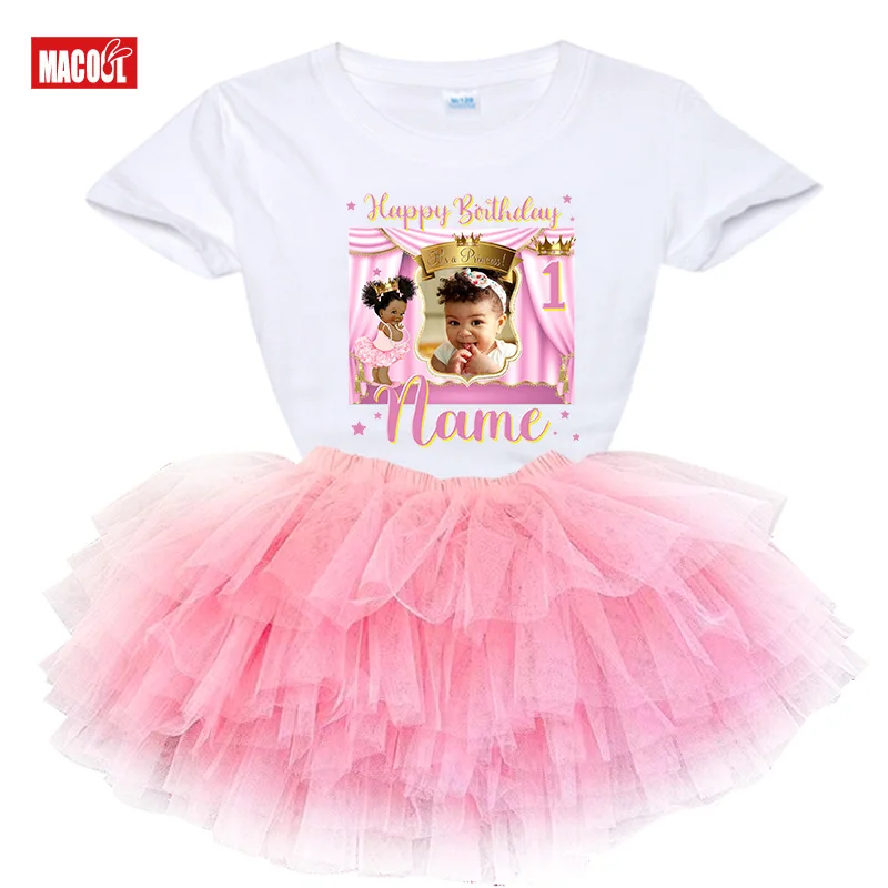 

Girls 1st Birthday Outfit Set Personalized Photo Name T-shirt black princess Kids Party Dress Suits for First birthday outfits