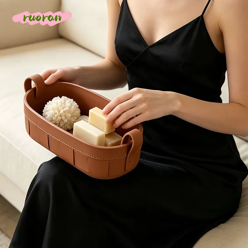 Handwoven Saddle Leather Storage Basket for Cosmetics Office Supplies Snacks Desk Remote Control Organizer