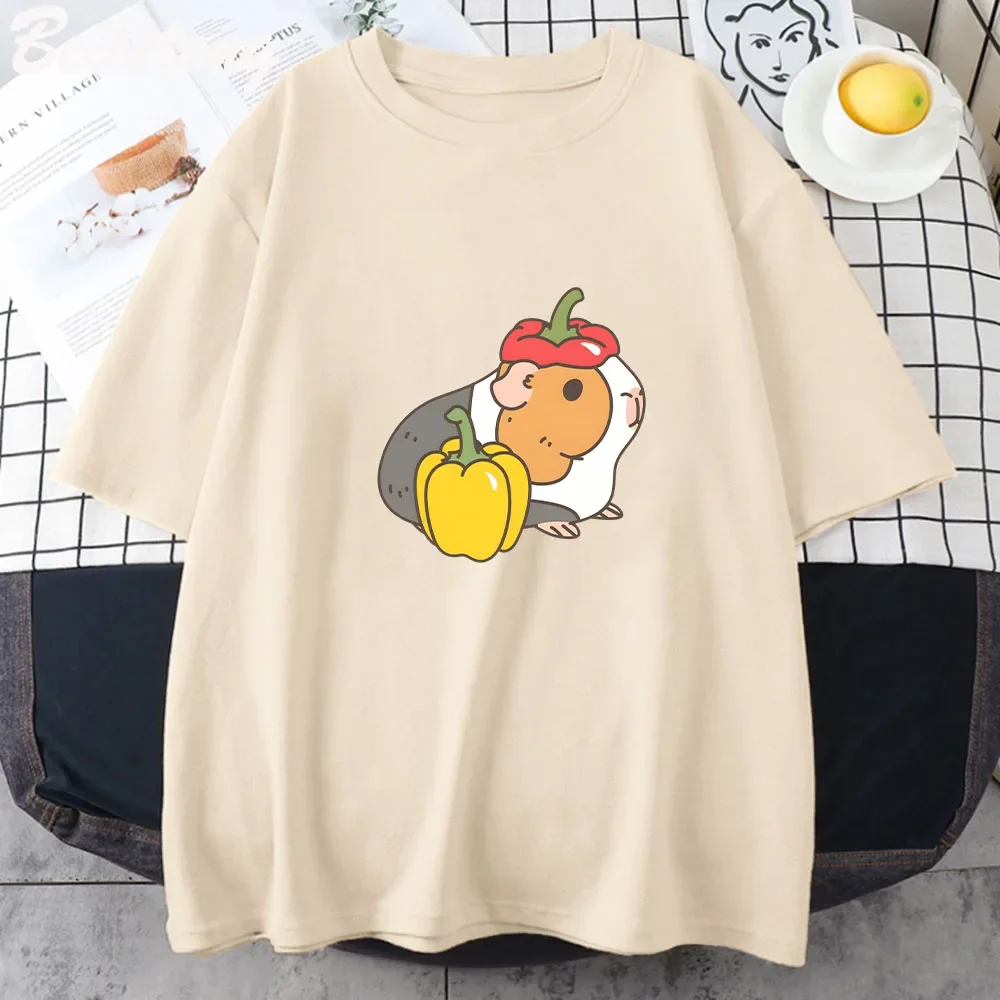 Camiseta clásica con estampado de tomates y conejillos de indias, campana, pimienta, cereza, estampado Kawaii de dibujos animados Harajuku, ropa de verano con personalidad para mujer