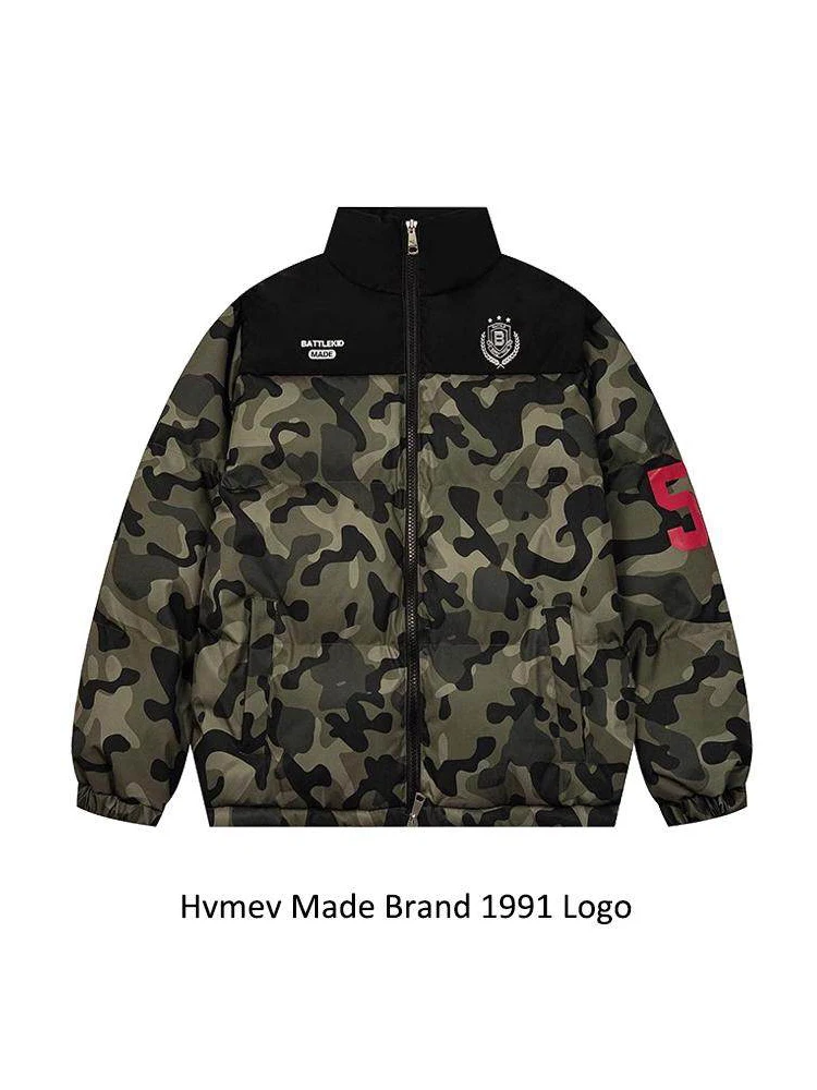 

Утепленная зимняя куртка унисекс больших размеров с воротником-стойкой, камуфляжными вставками и эффектом пэчворк, из хлопка