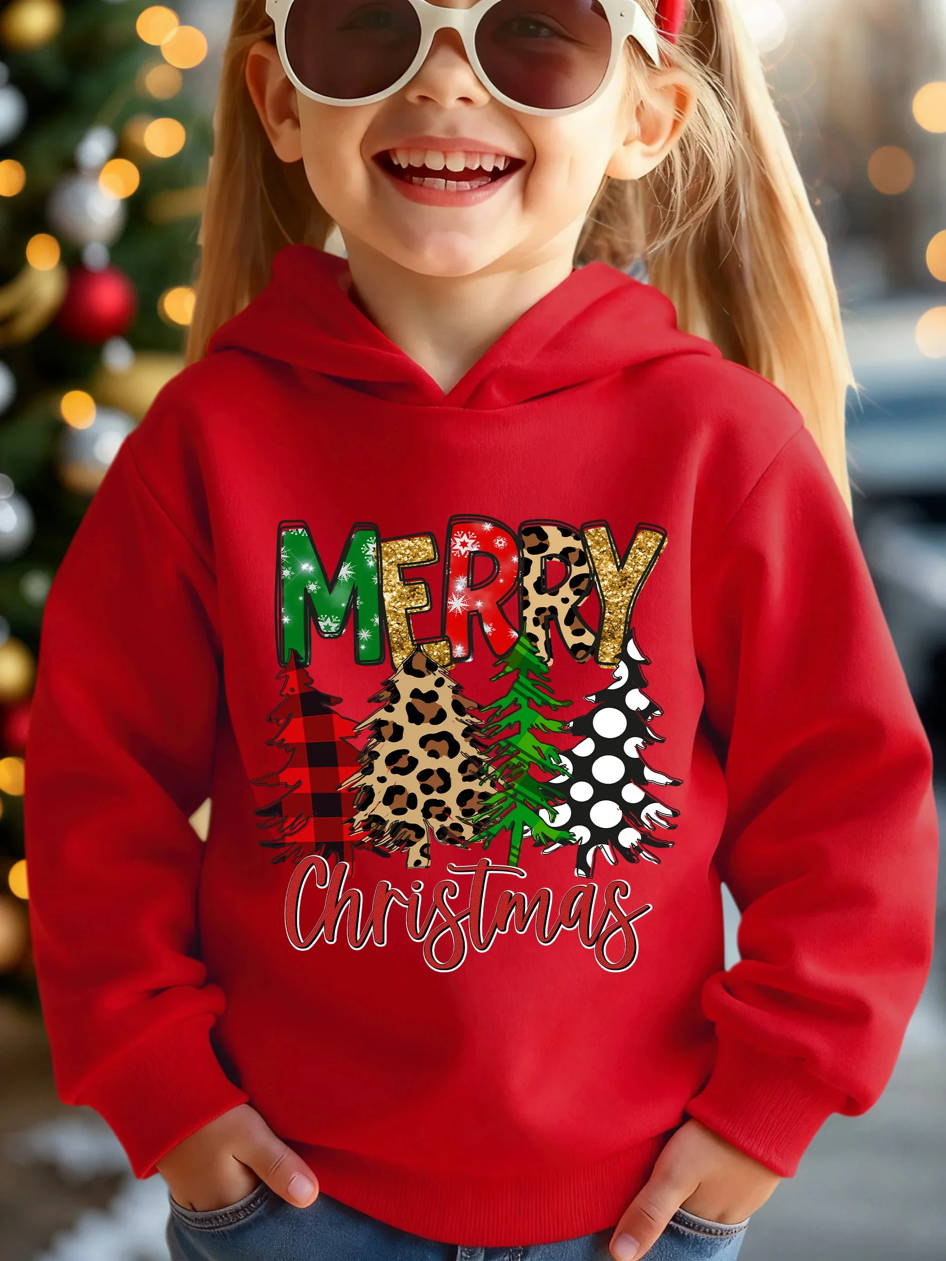 Kids Xmas Hoodie Autumn Winter Fleece Warm Pullover Merry Christmas Leopard Plaid Tree Print Children Holiday Party Sweatshirt