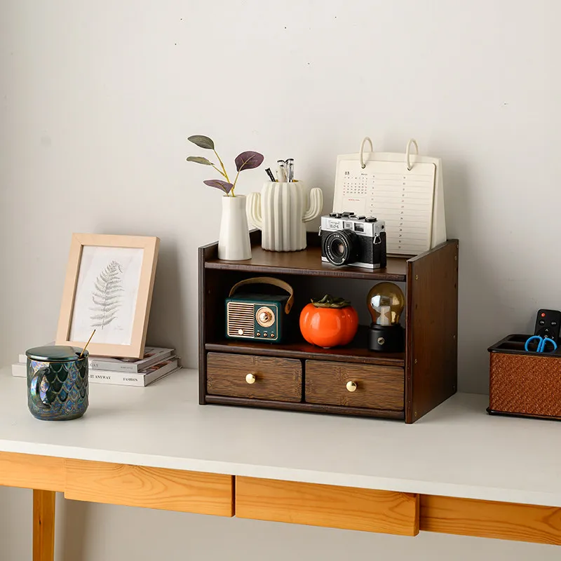 Solid Bamboo Drawer Unit, Desktop Storage Box for Books & Makeup, Large Capacity Multi Shelf Organizer, Healthy Lacquer Holder