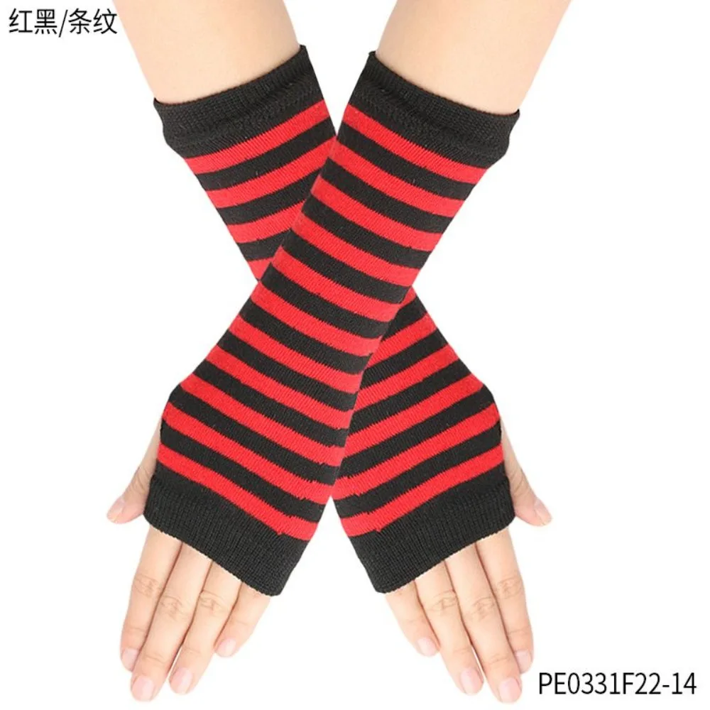 PESENAR Red  Black Striped Fingerless Gloves Knit Arm Warmers for Halloween Cosplay and Party