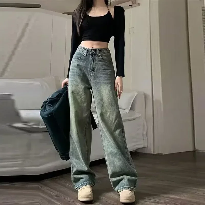 2024 Vintage Jeans Women Irregular High Waist Slimming Wide Leg Mop Long Pants Fashion Blue Baggy Jeans Y2K Streetwear Pants