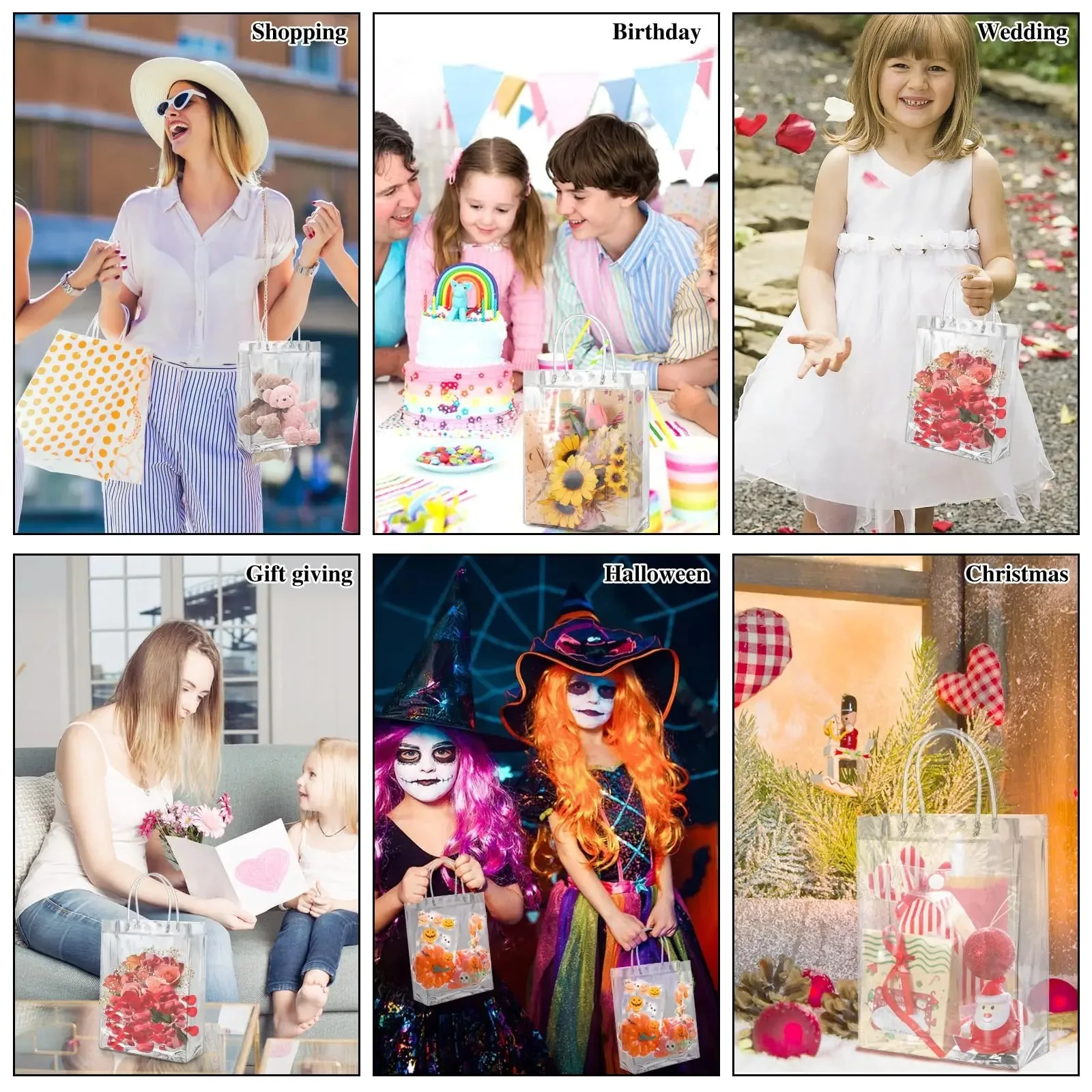 10–100 Stück durchsichtige Geschenktüten aus Kunststoff mit Griff, transparente Geschenktüte, wiederverwendbare Einkaufstasche, PVC-Goodie-Taschen für Hochzeits-Partyzubehör – Detail 6