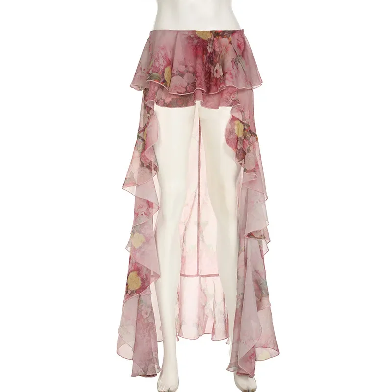 Bloemenprint Gelaagde Ruches Zomervakantie Lange Rokken Met Safety Shorts Damesmode Hi-Lo Onregelmatige Streetwear Maxi Rok