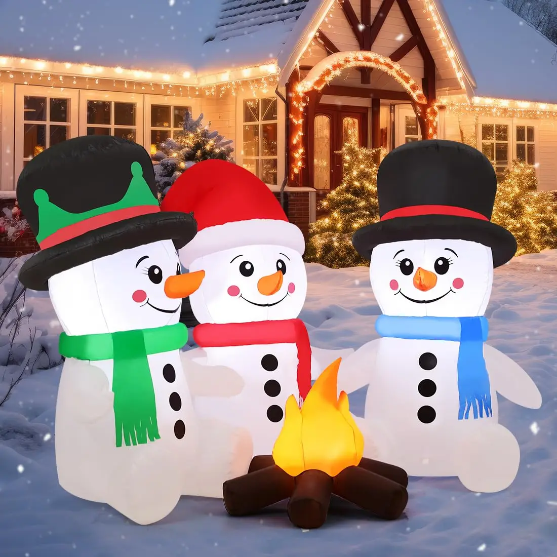 6 FT Christmas Snowman Inflatable LED Lights Three Blow up Snowmen Sitting Around Campfire Outdoor Christmas Decoration for Xmas