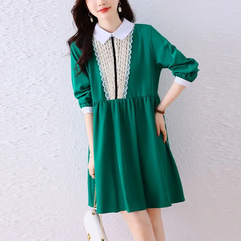 Sweet Peter Pan Collar Dresses Spring Autumn Solid Color Basic A-Line Female Clothing Fashion Lace Spliced Vintage Midi Dress