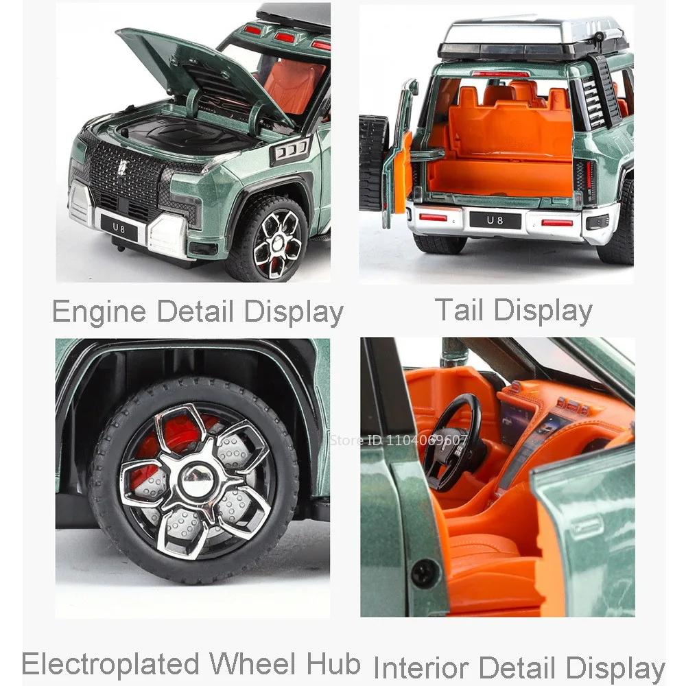 1:24 YANGWANG U8 Defender Model Samochodu Zabawka Metalowy Odlew Ciśnieniowy Pojazd Terenowy Amortyzacja Napęd Pull Back Otwierane Drzwi Symulacja Zabawki