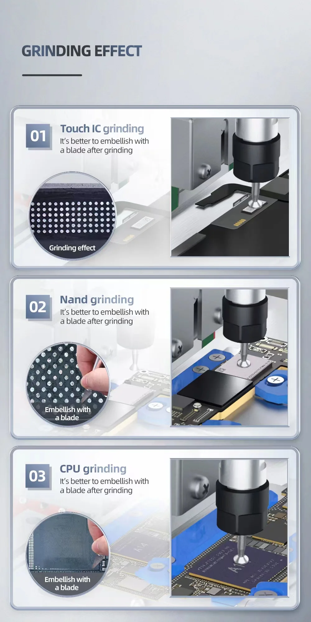 JC AIXUN Smart IC Rettificatrice universale Schermo telefono cellulare Disco rigido CPU Scheda madre Rettificatrice precisione industriale Lucidatura Set strumenti smerigliatrice cellulare touch PCB rettifica rimozione