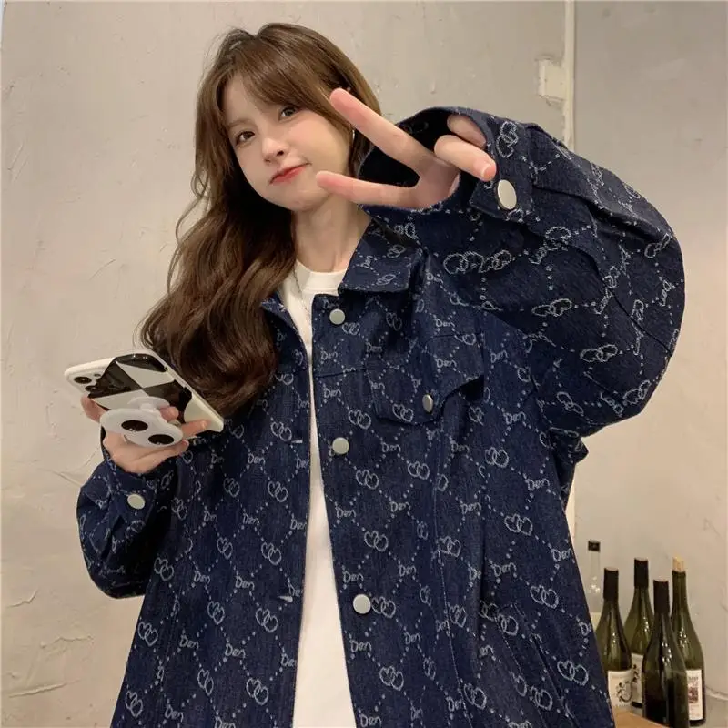 Luxury Brand High-end Denim Jackets Spring Autumn Cowboy Coat Women Vintage Print Long Sleeve Tops Streetwear Loose Design Trend