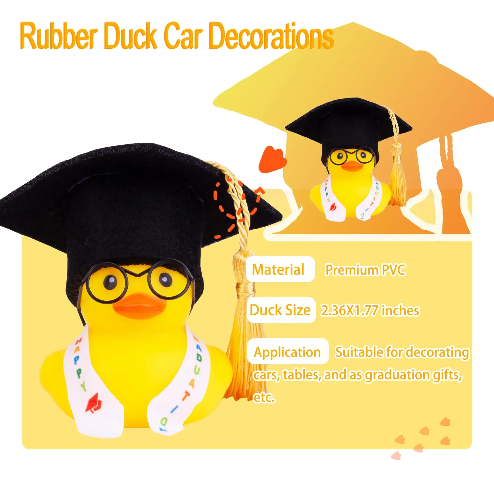 Graduação Ducks Car Dashboard Decorações, Pato De Borracha, Enfeites De Carro, Acessórios com Mini Graduação Chapéus, Faixas, Óculos