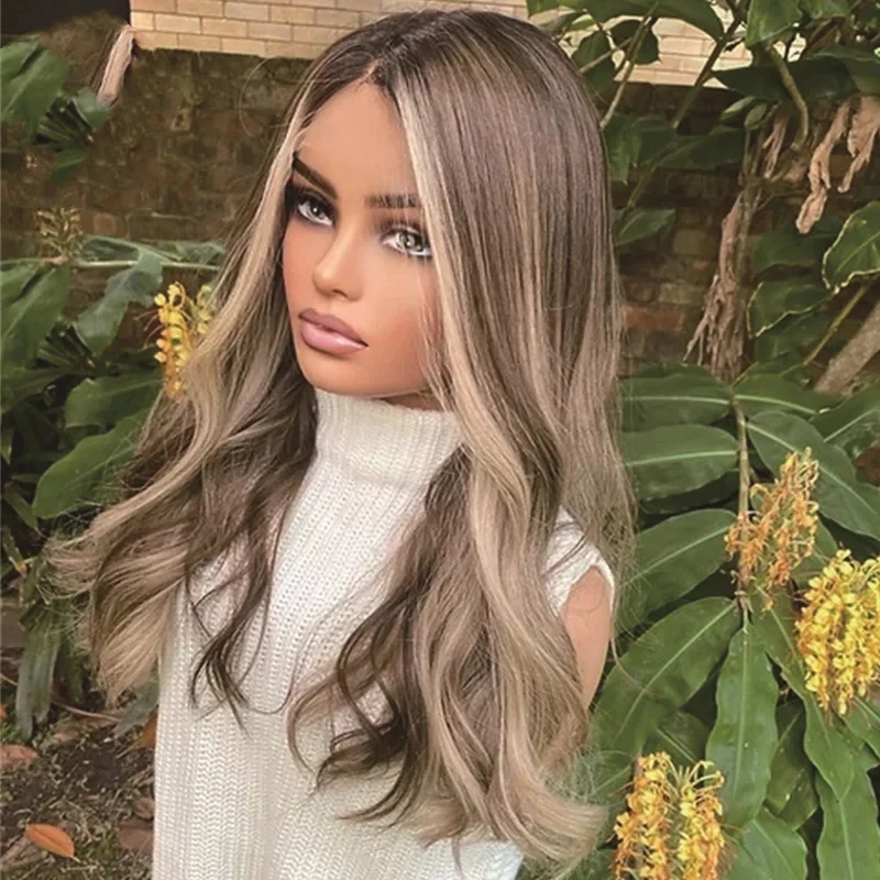 

22-дюймовая предварительно выщипанная линия волос, омбре, пепельно-русый, свободная волна, парик спереди, синтетический парик из детских волос, косплей/ежедневно/вечеринка