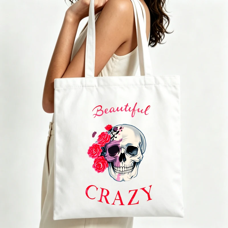 Women's skull and floral print canvas tote bag, casual style for daily shopping and weekend outings