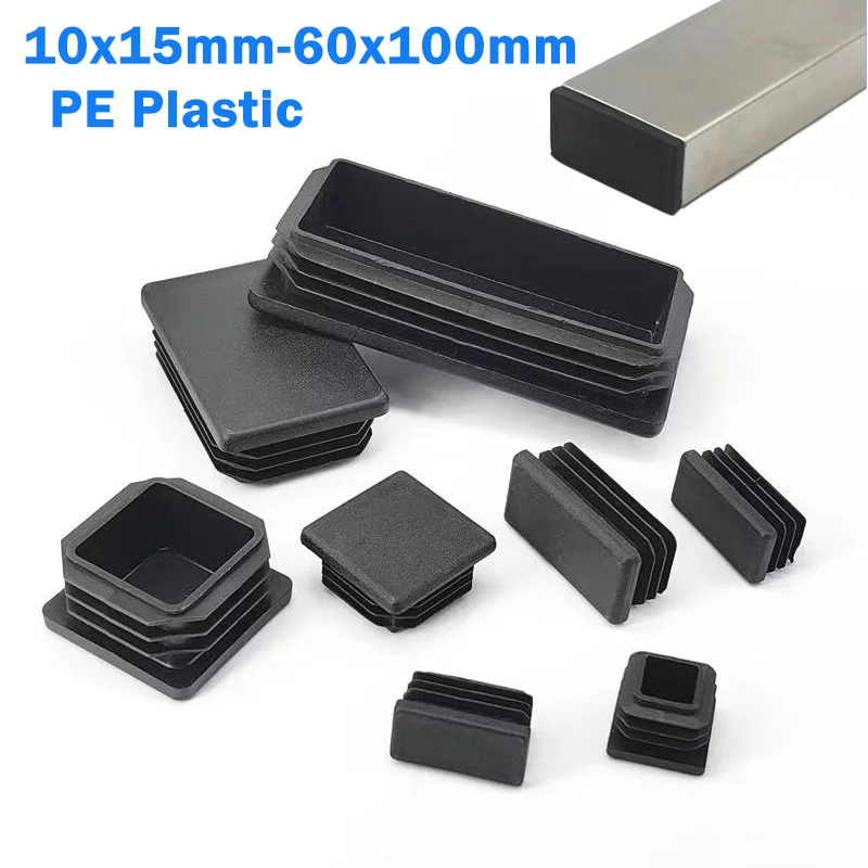 Rectangular Pipe Tube Cap Insert Plugs Black Plastic Blanking End Caps 10x15mm-60x100mm Furniture Tables Chairs Foot Pads