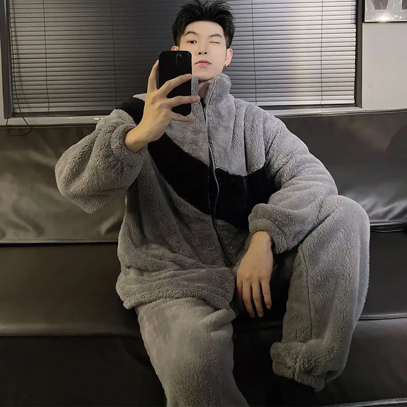 Patchwork Pajamas for Men Fleece Winter Sleepwear Korean Zipper Sleeping Night Wear Pijama 2 Pcs Pants Sets Warm Home Suit 2024